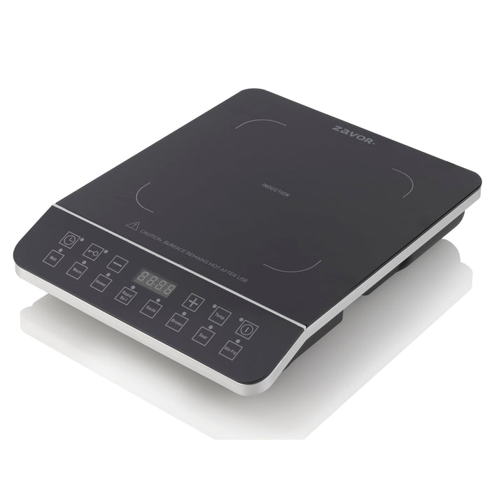 A compact Zavor Onyx Induction Cooktop with a black crystal glass surface and digital control panel, designed for portable use.