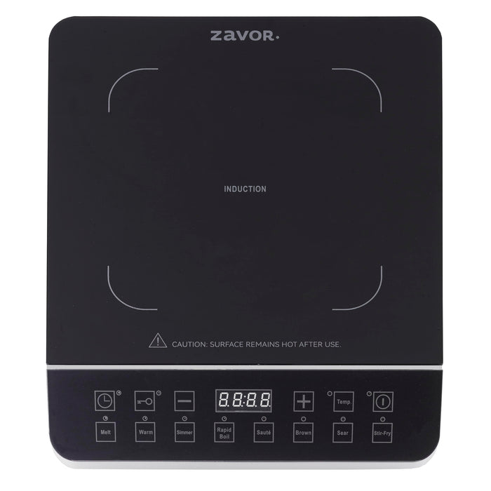 Top view of a Zavor onyx induction cooktop on a white background