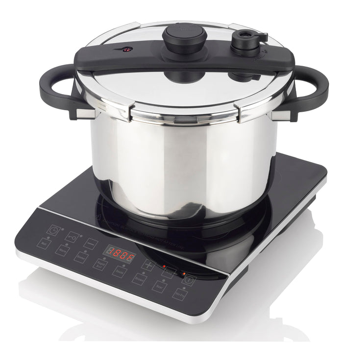Zavor onyx induction cooktop with pressure cooker on a white background