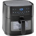 Zavor Sizzle 6.3 Quart Air Fryer in black color featuring a digital display and touch control panel on a white background.