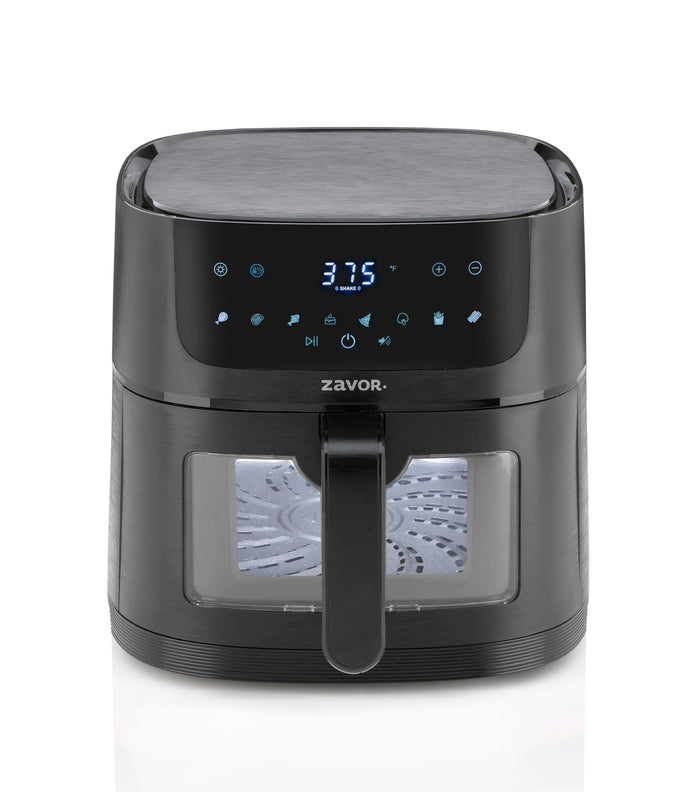 Front of Zavor sizzle air fryer oven with digital control panel and clear window to see into air fryer on a white background