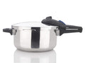 Stainless steel pressure cooker with black handles on a white background
