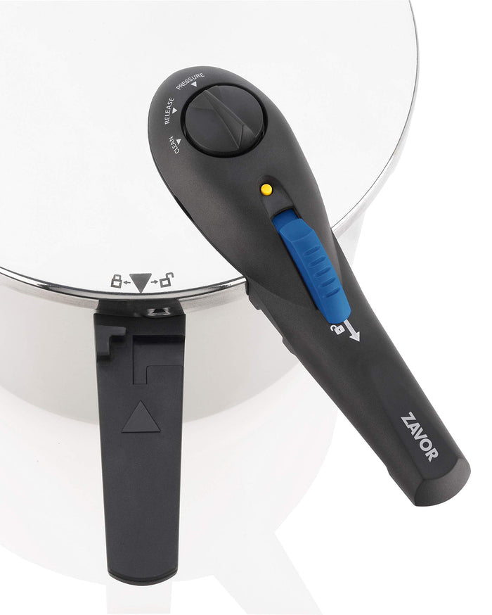 Pressure cooker with a Zavor pressure regulator on a white background