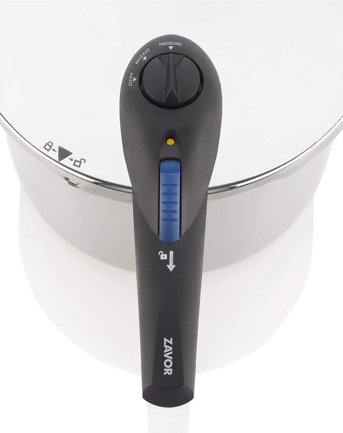 Zavor kitchen tool with black handle and blue accents on a white background